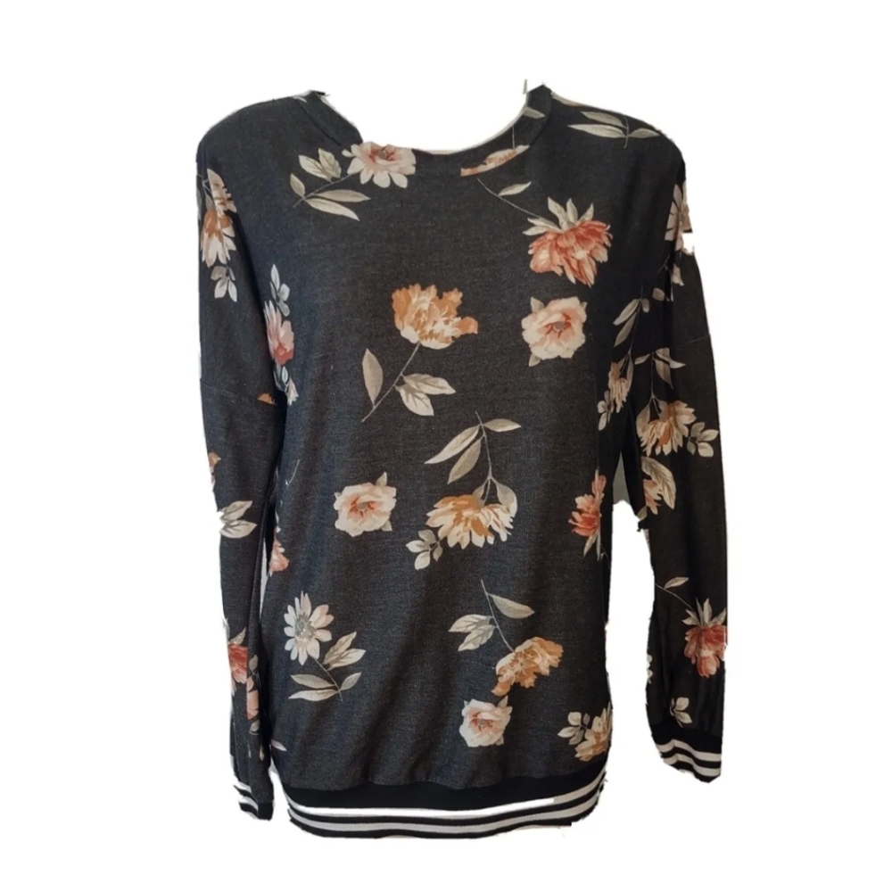 Adora floral crew neck pullover long sleeves women sweatshirt size medium black